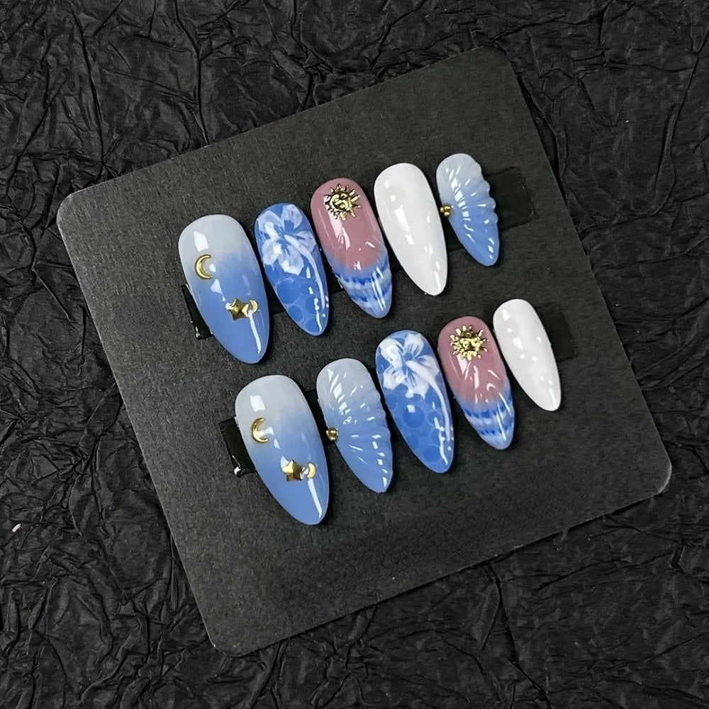 10Pcs Manicure Handmade Art Acyrlic Press on Nails Medium Almond  Pattern ABS Nails Cute 3D Flower Style Design Nail with Set