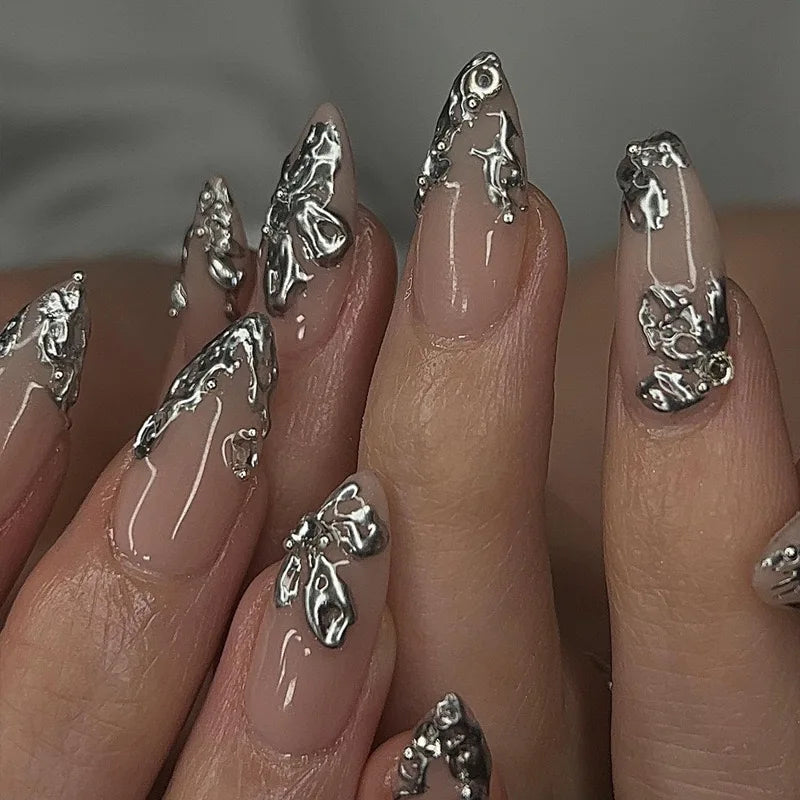 24Pcs Simple Dark Green Long 3D Press on Almond False Nails Wearable Finished Fingernails Nail Art