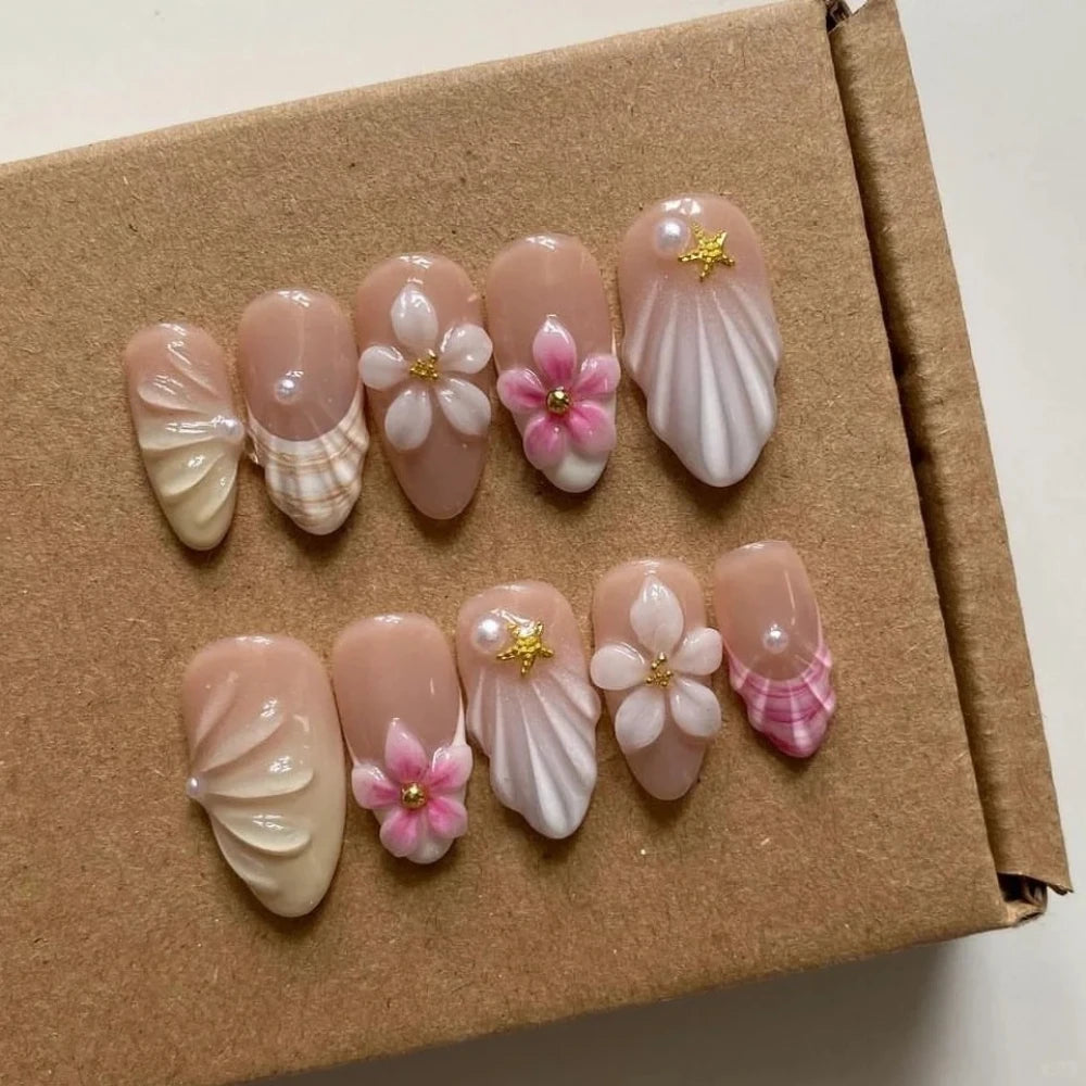 10Pcs Manicure Handmade Art Acyrlic Press on Nails Medium Almond  Pattern ABS Nails Cute 3D Flower Style Design Nail with Set