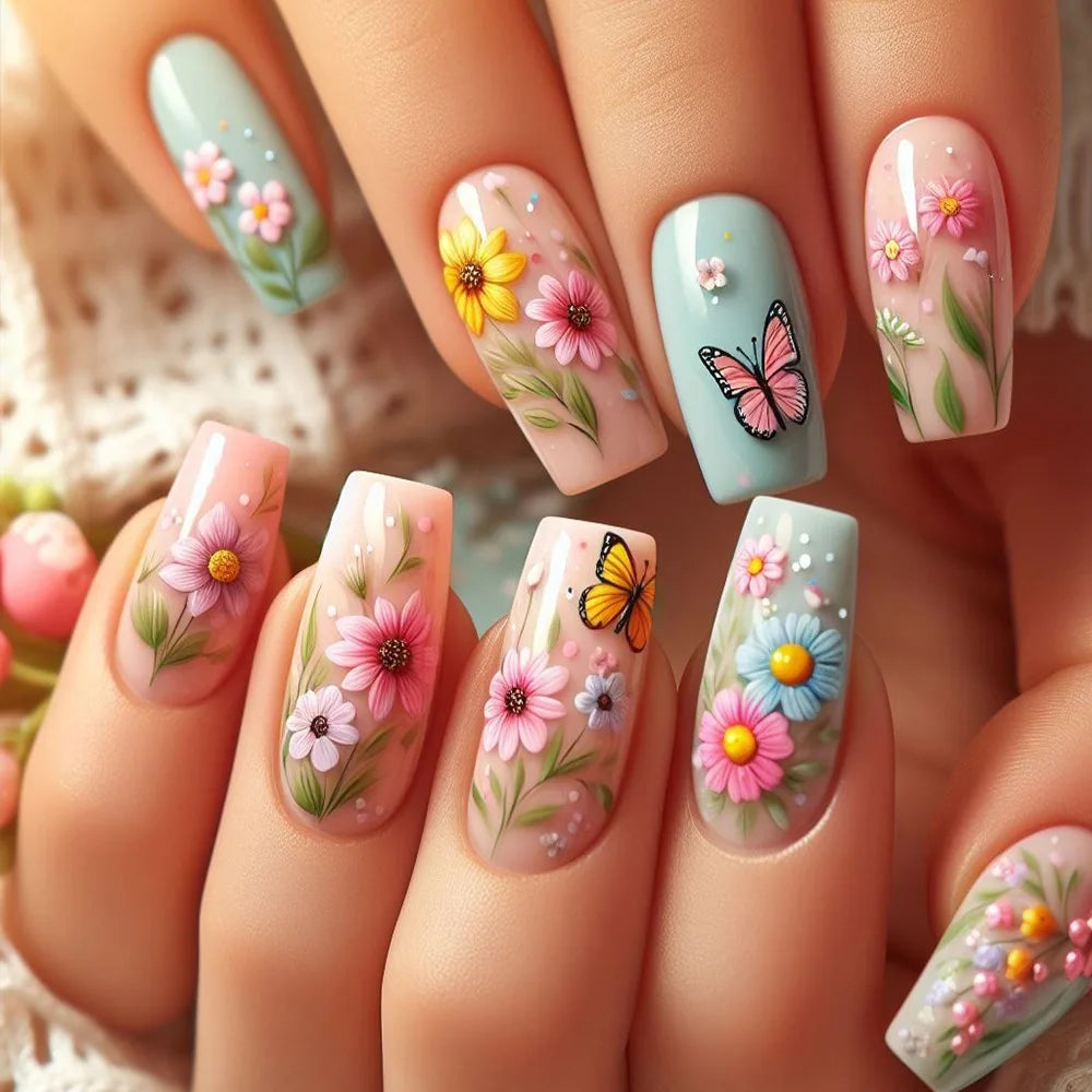 24Pcs Mini Flower Press on Nails Short Square False Nail Gradient Glitter Floral Fake Nail French Nails Press Ons Sweet Nail Art