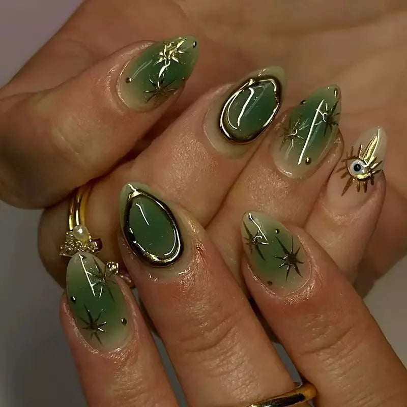 24Pcs Simple Dark Green Long 3D Press on Almond False Nails Wearable Finished Fingernails Nail Art