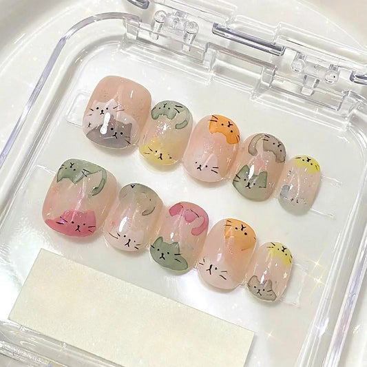 10pcs Kitty Graffiti Fake nails Nail tips Press on nails Soft gel tips nail Short nail False nails Half handmade nail art
