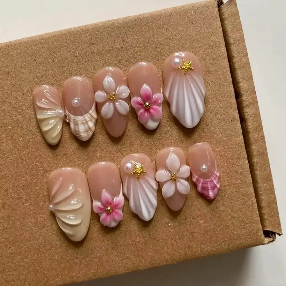 10Pcs Manicure Handmade Art Acyrlic Press on Nails Medium Almond  Pattern ABS Nails Cute 3D Flower Style Design Nail with Set