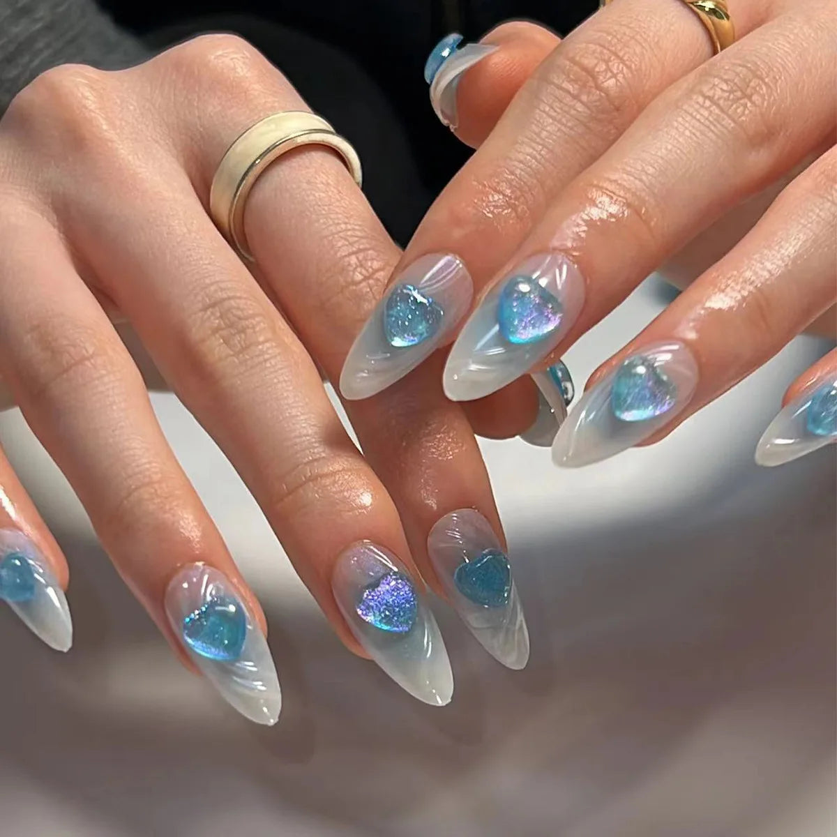 24pcs Baroque Style False Nails with Gold Moon Star Design Almond Fake Nail Patches Wearable Heavy Metal French Press on Nails