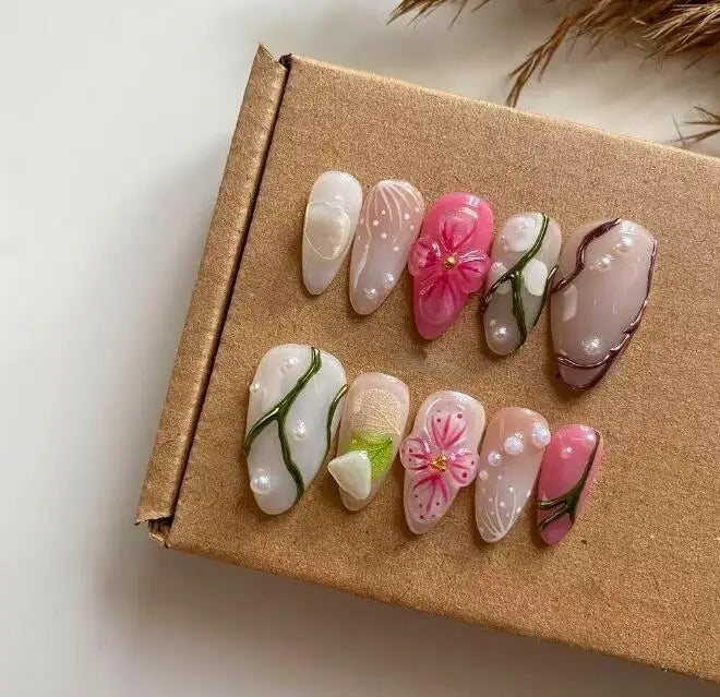 10Pcs Manicure Handmade Art Acyrlic Press on Nails Medium Almond  Pattern ABS Nails Cute 3D Flower Style Design Nail with Set