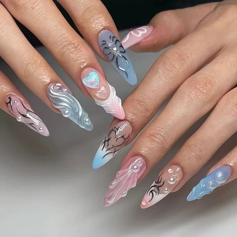 24Pcs Pink Cloud Sweet Star Moon Acrylic Nails Press on Almond Wearable Full Cover False Nails Art Tips Fingernail Beauty