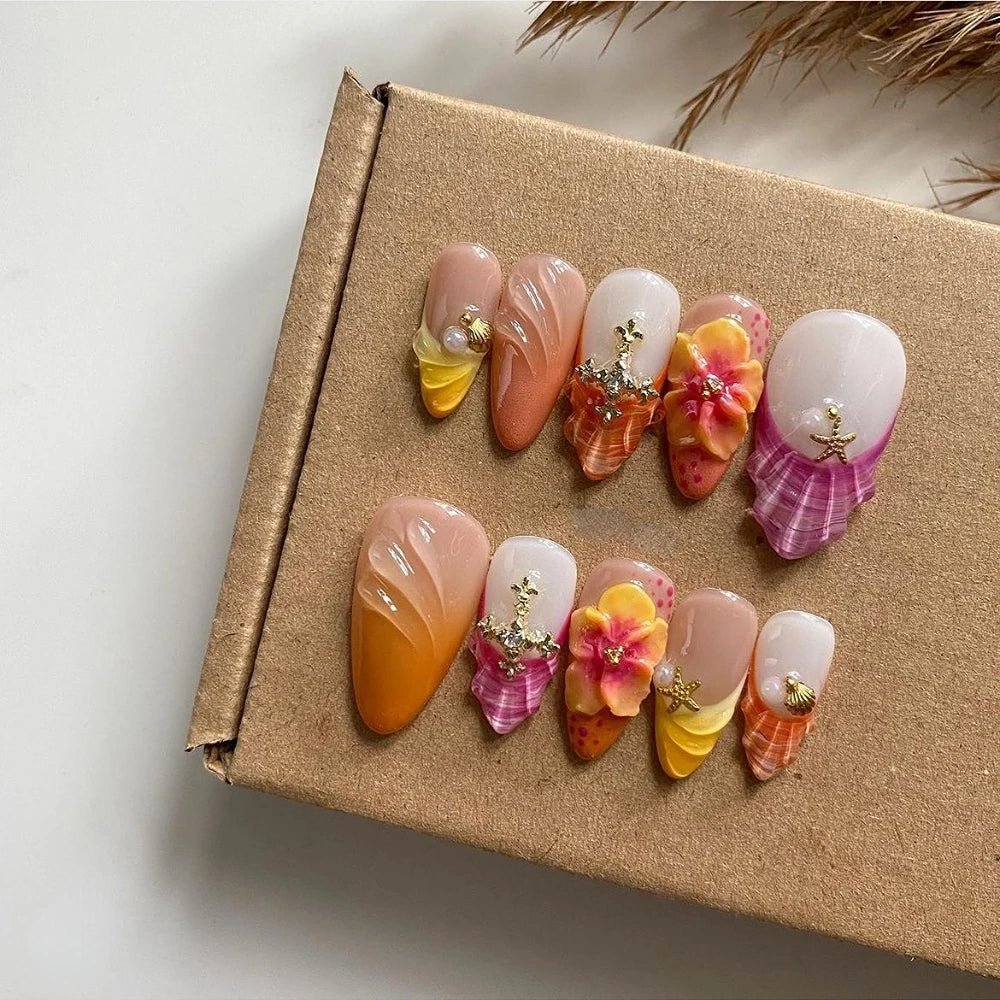 10Pcs Manicure Handmade Art Acyrlic Press on Nails Medium Almond  Pattern ABS Nails Cute 3D Flower Style Design Nail with Set