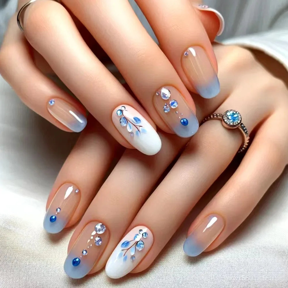 24Pcs Mini Flower Press on Nails Short Square False Nail Gradient Glitter Floral Fake Nail French Nails Press Ons Sweet Nail Art