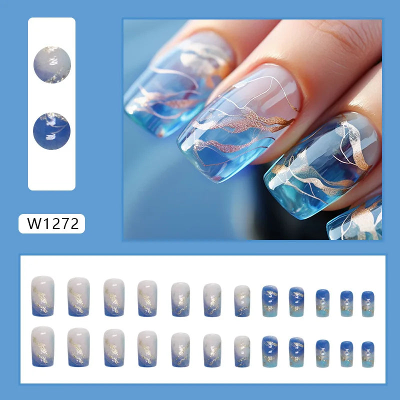 24pcs Short Round False Nails French Blue Sparkling Pearl White Wavy Love Heart Full Cover Detachable Press On Nail Tips