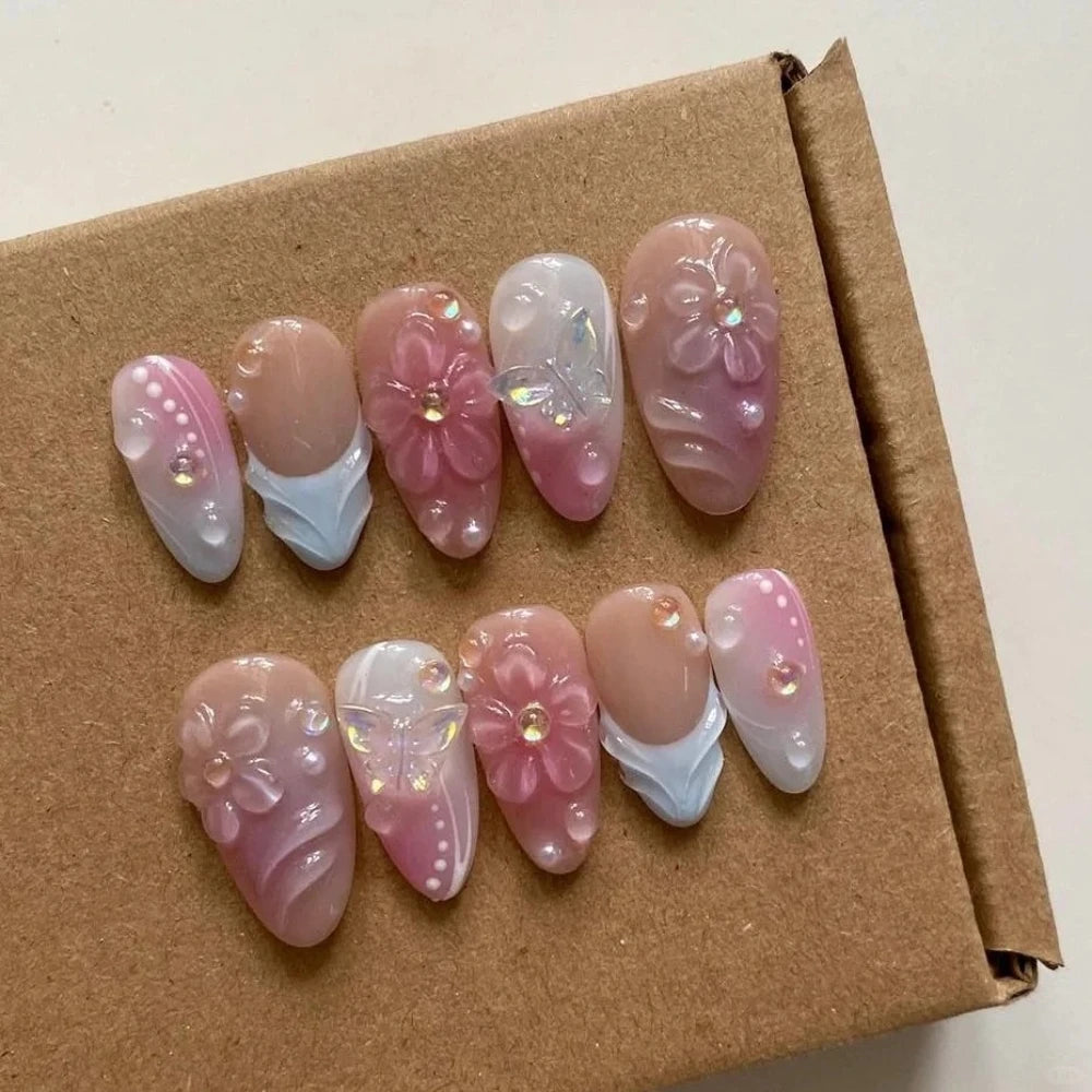 10Pcs Manicure Handmade Art Acyrlic Press on Nails Medium Almond  Pattern ABS Nails Cute 3D Flower Style Design Nail with Set