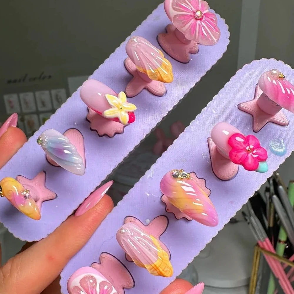 10Pcs Manicure Handmade Art Acyrlic Press on Nails Medium Almond  Pattern ABS Nails Cute 3D Flower Style Design Nail with Set