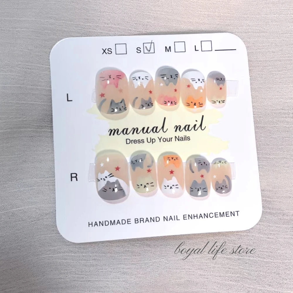 10pcs Kitty Graffiti Fake nails Nail tips Press on nails Soft gel tips nail Short nail False nails Half handmade nail art