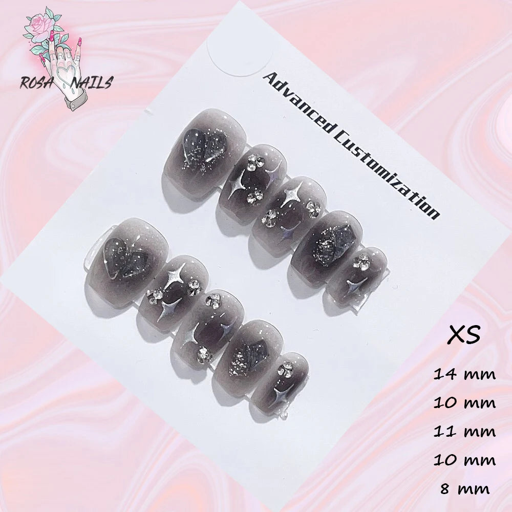 New Silver Star Press on Nails with Glue Handmade Flash Rhinestone Reusable Artificial Fake Tips Diamond Black Short False Nails